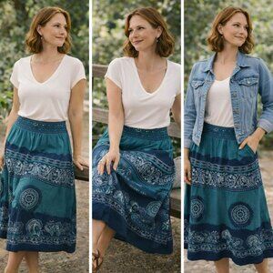 BCX Teal Cotton Boho Midi Skirt — Embroidered Waistband, Size 9